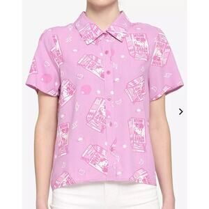 HOT TOPIC SANRIO HELLO KITTY NWT $42 SS Pink Strawberry Milk Button Down Size M